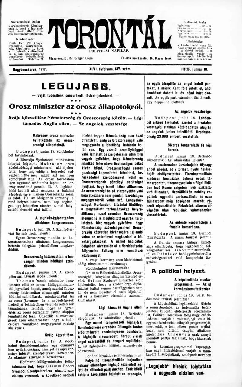 Torontál, 46. évf. 1917. június 18. 137. sz.