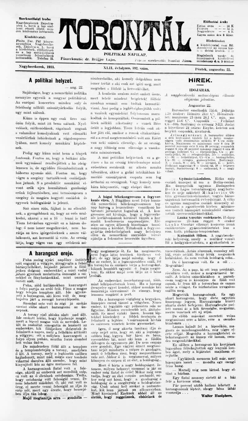 Torontál, 42. évf. 1913. augusztus 22. 192. sz.
