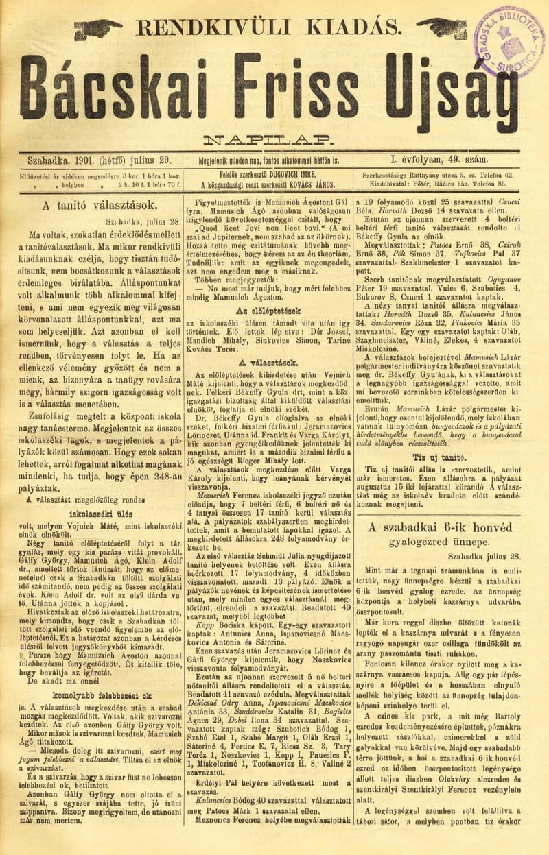 Bácskai Friss Ujság, 1. évf. 1901. július 29. 49. sz.
