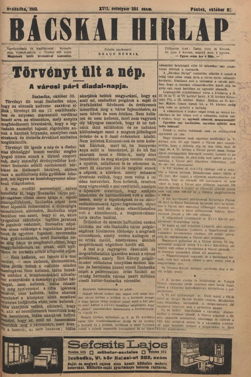 Bácskai Hirlap, 17. évf. 1913. október 31. 251. sz.