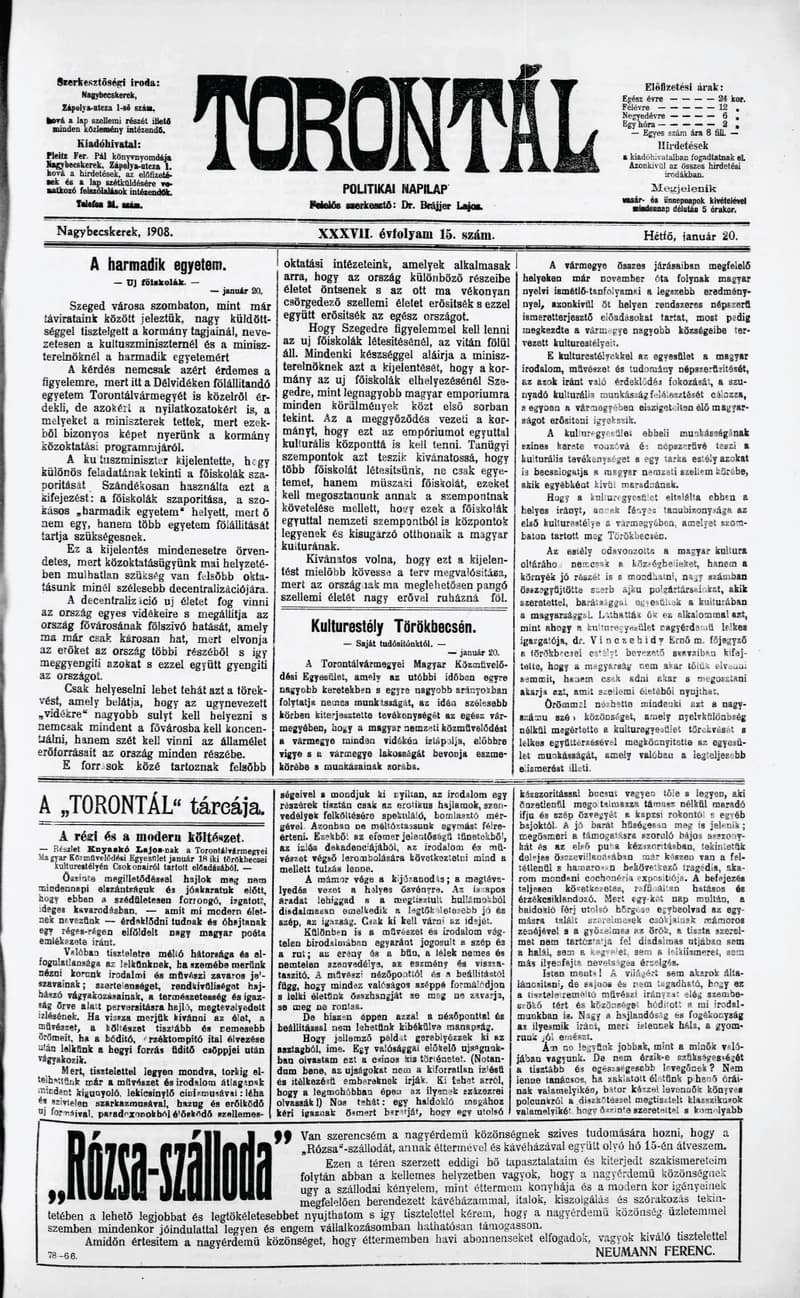 Torontál, 37. évf. 1908. január 20. 15. sz.