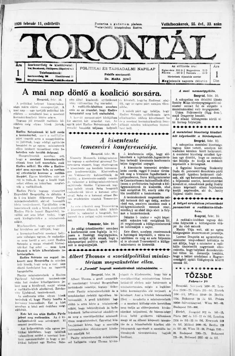 Torontál, 55. évf. 1926. február 11. 33. sz.