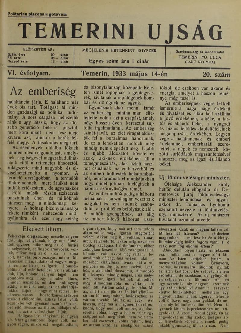 Temerini Újság 1928-1944, 6. évf. 1933. május 14. 20. sz.