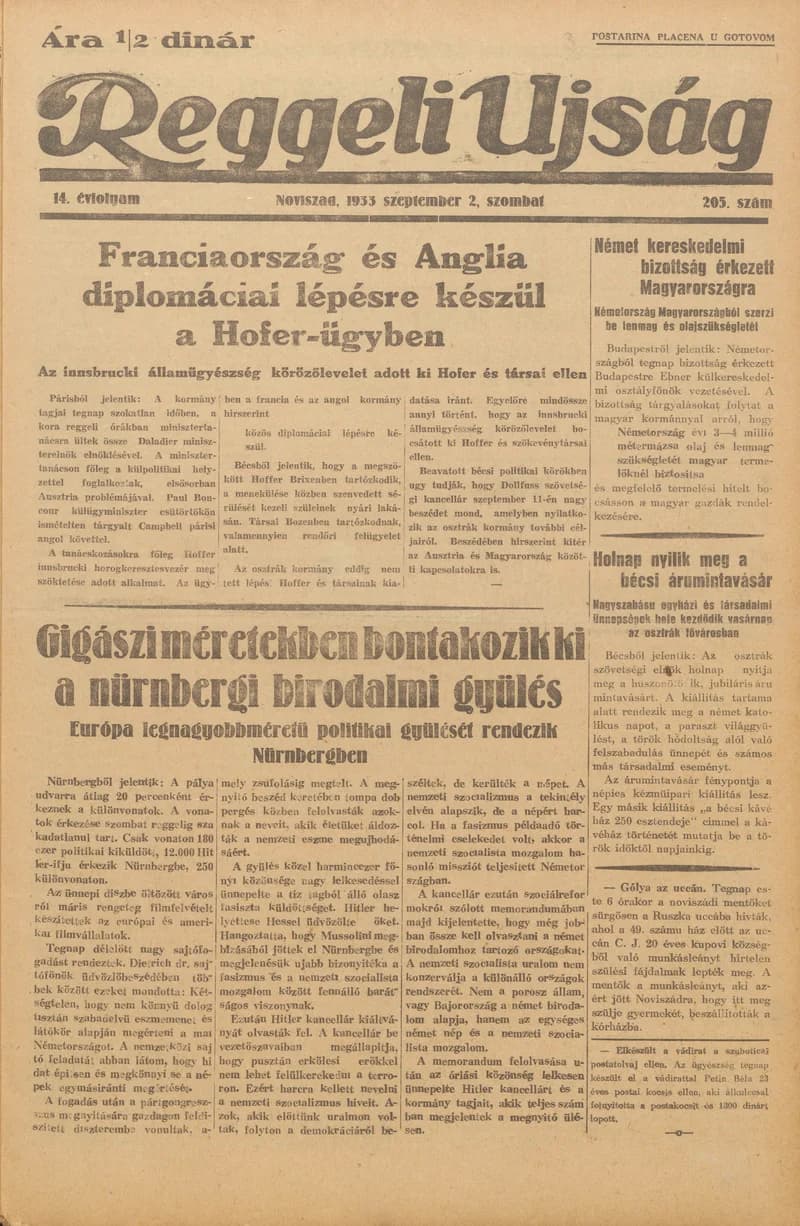 Reggeli Újság, 14. évf. 1933. szeptember 2. 205. sz.