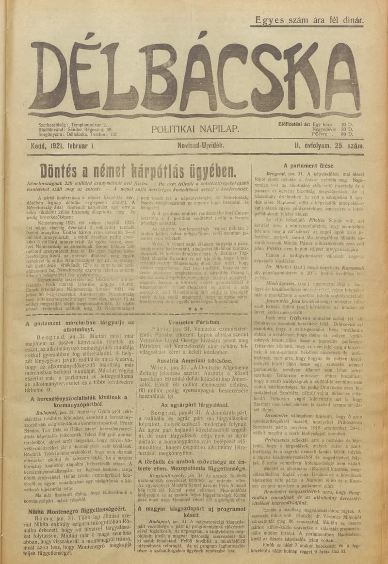 Délbácska, 2. évf. 1921. február 1. 25. sz.