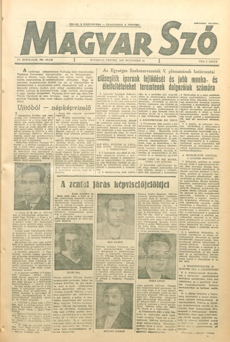 Magyar Szó, 4. évf. 1947. november 14. 278. sz. 1–6. oldal