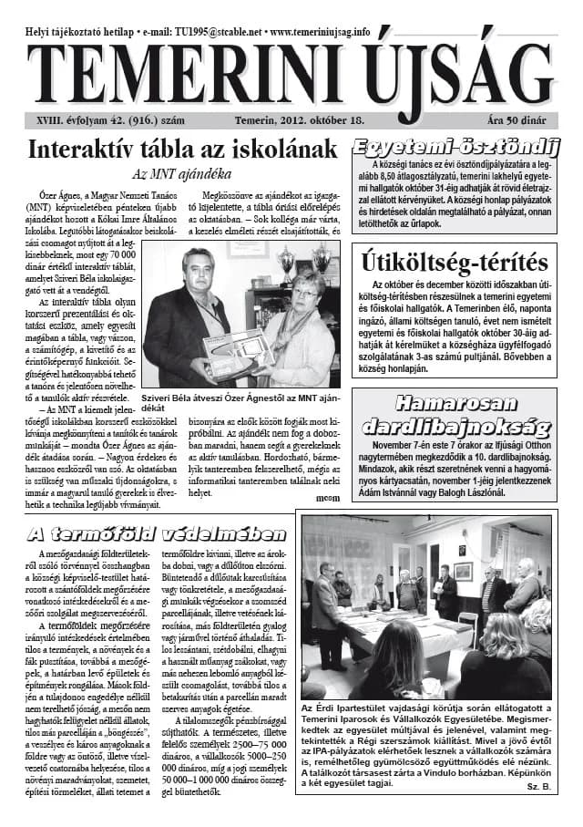 Temerini Újság, 18. évf. 2012. október 18. 42. sz.