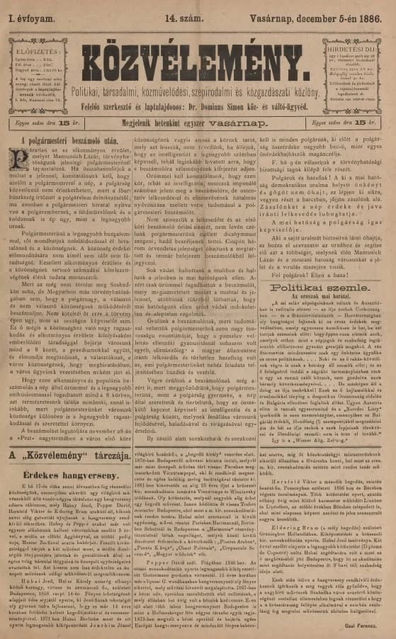 Közvélemény, 1. évf. 1886. december 5. 14. sz.