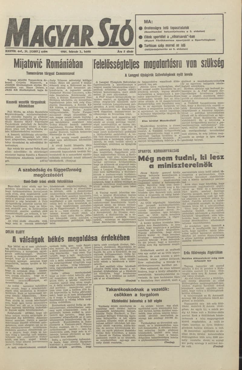 Magyar Szó, 38. évf. 1981. február 2. 31. sz.
