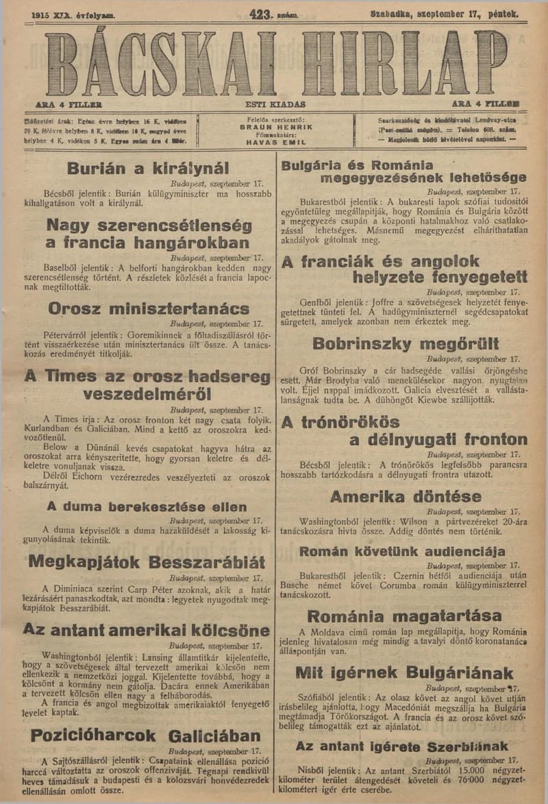 Bácskai Hirlap, 19. évf. 1915. szeptember 17. 423. sz.