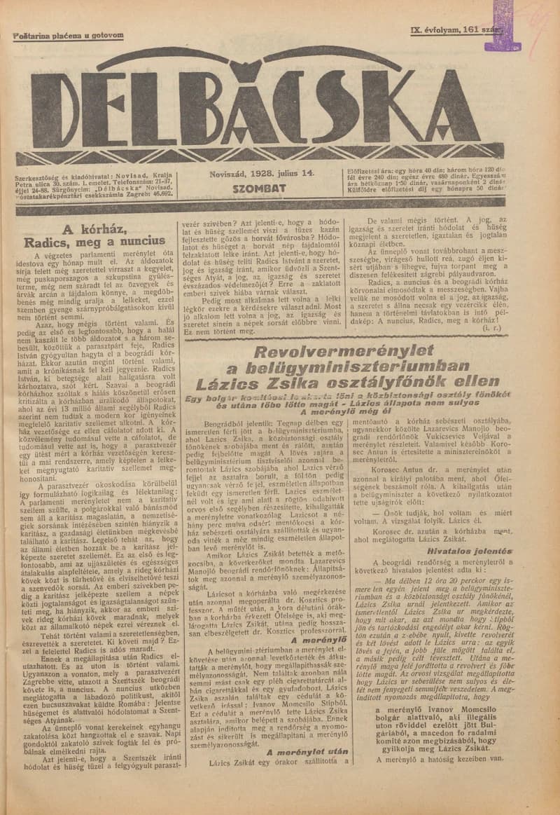 Délbácska, 9. évf. 1928. július 14. 161. sz.