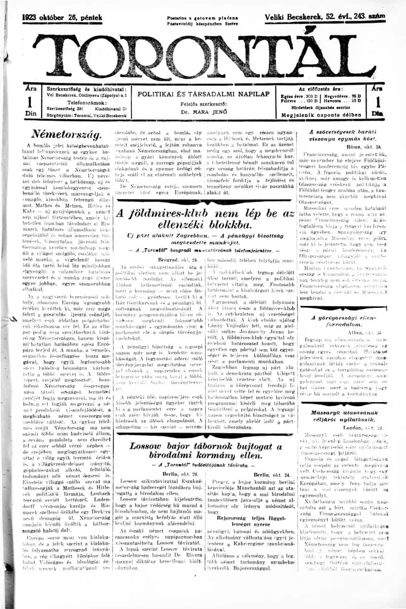 Torontál, 52. évf. 1923. október 26. 243. sz.