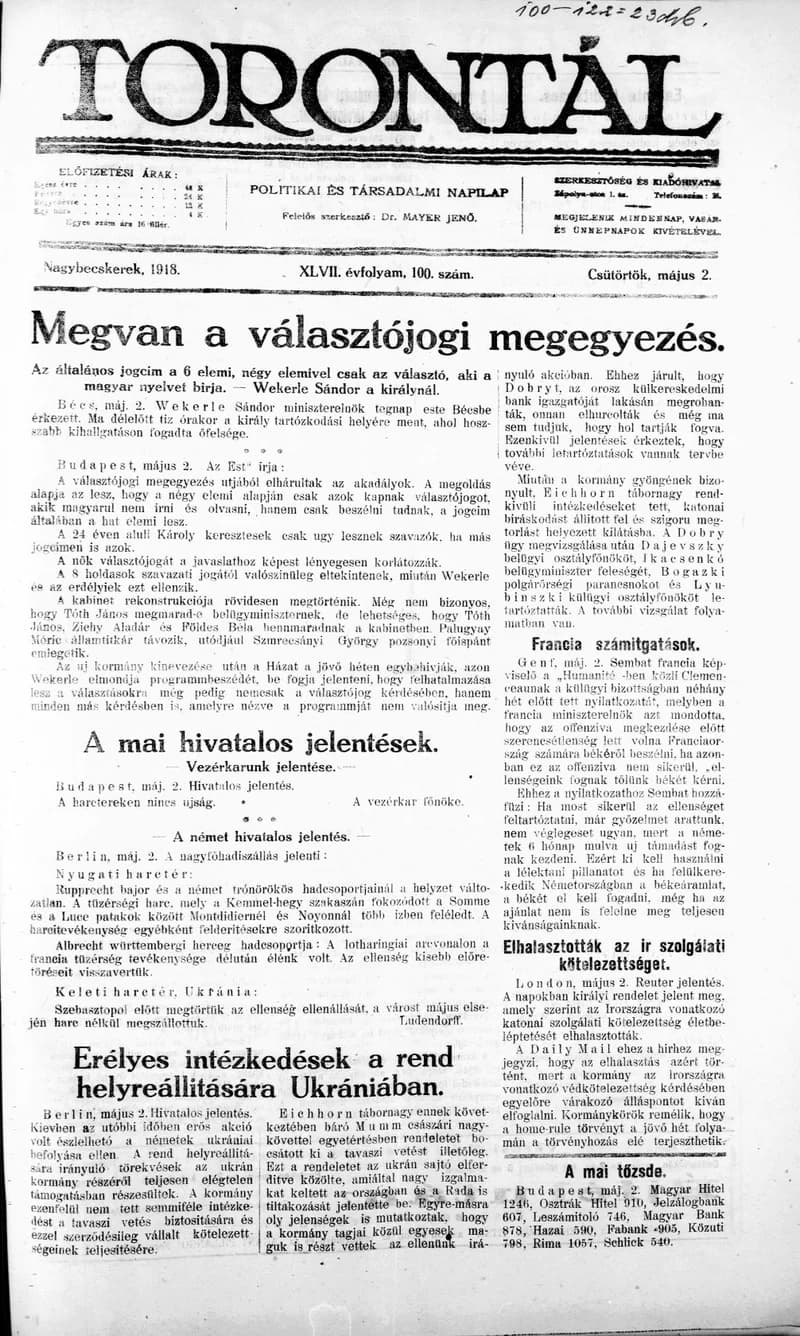 Torontál, 47. évf. 1918. május 2. 100. sz.