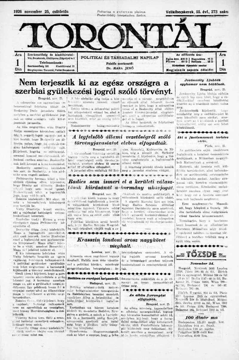 Torontál, 55. évf. 1926. november 25. 273. sz.