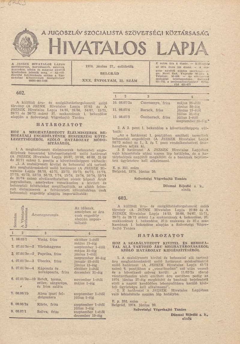 A Jugoszláv Szocialista Szövetségi Köztársaság Hivatalos Lapja, 30. évf. 1974. június 27. 32. sz. 1121–1140. oldal