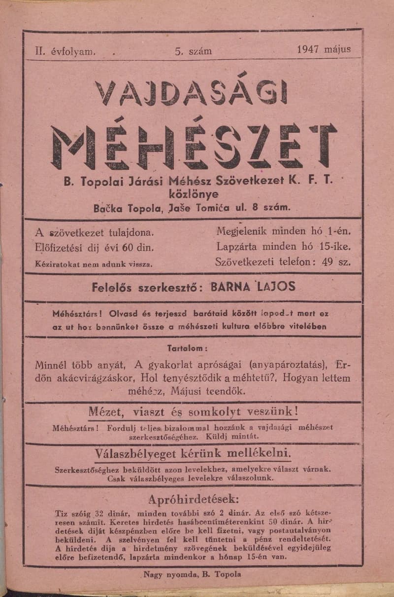 Vajdasági méhészet Bácska Topolya, 2. évf. 1947. május 1. 5. sz.