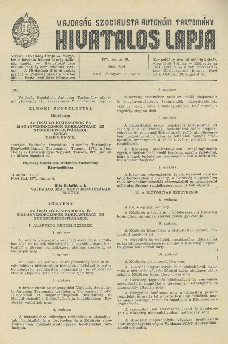 Vajdaság Szocialista Autonóm Tartomány Hivatalos Lapja, 27. évf. 1971. június 16. 11. sz. 181–184. oldal