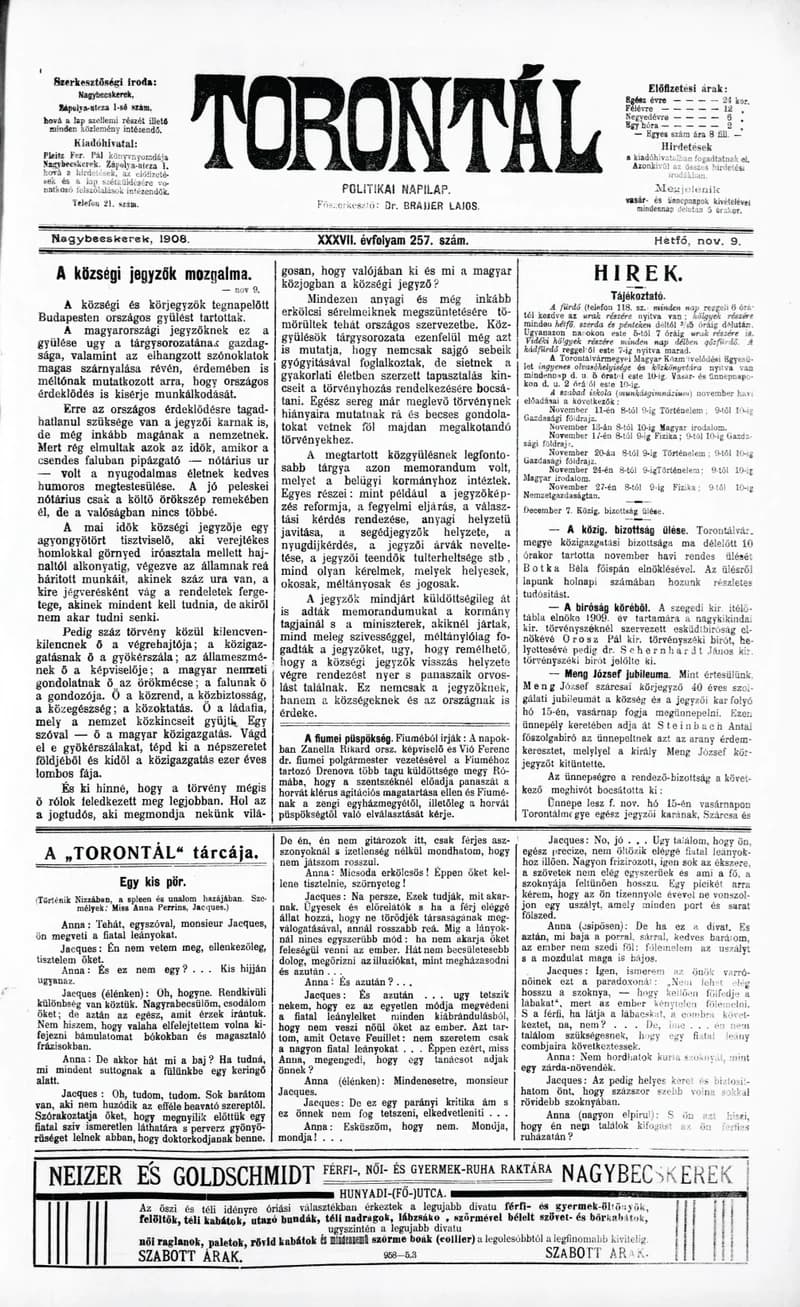 Torontál, 37. évf. 1908. november 9. 257. sz.