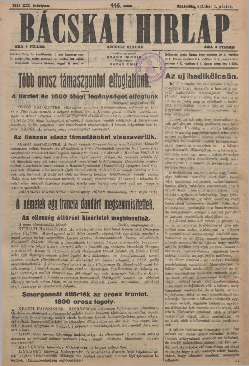 Bácskai Hirlap, 19. évf. 1915. október 1. 446. sz.