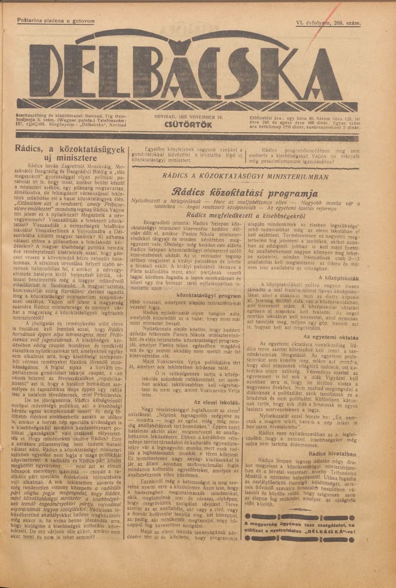 Délbácska, 6. évf. 1925. november 19. 269. sz.