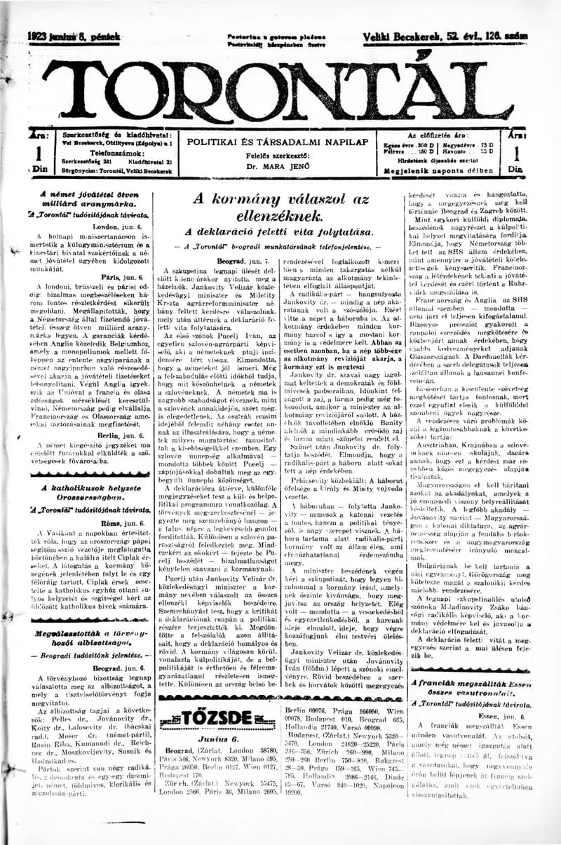 Torontál, 52. évf. 1923. június 8. 126. sz.