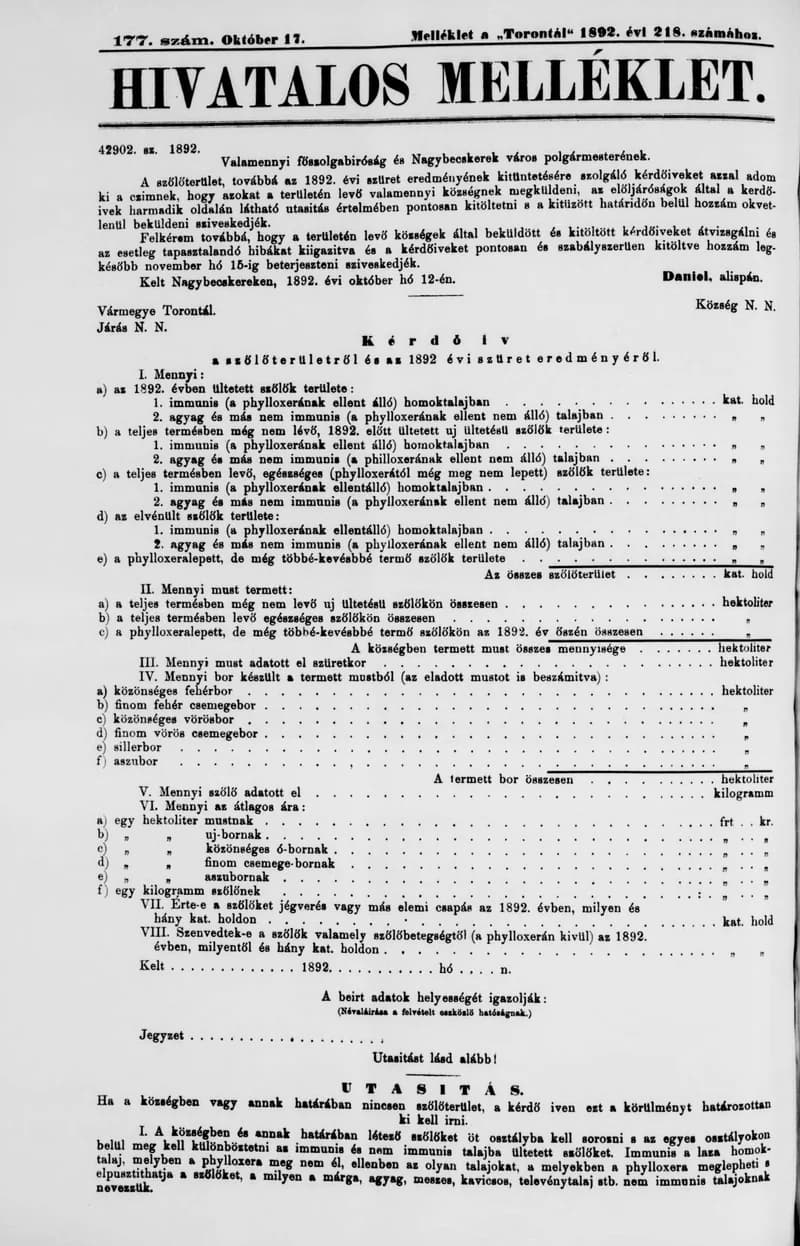 A Totontál  hivatalos melléklete, 5. évf. 1892. október 17. 177. sz.