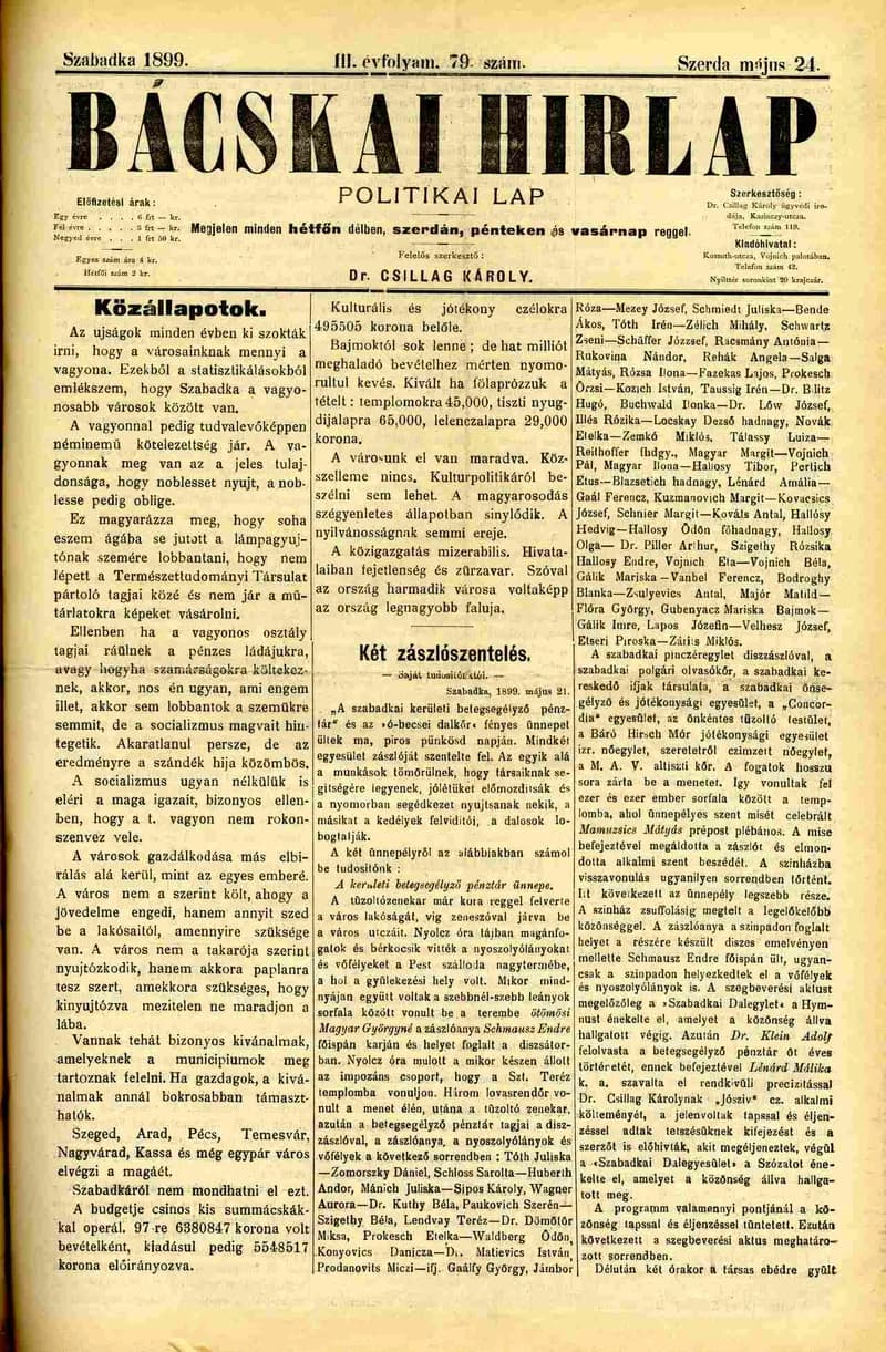 Bácskai Hirlap, 3. évf. 1899. május 24. 79. sz.