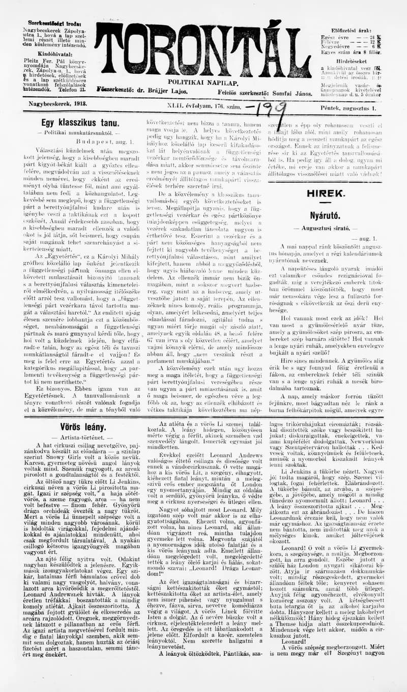 Torontál, 42. évf. 1913. augusztus 1. 176. sz.
