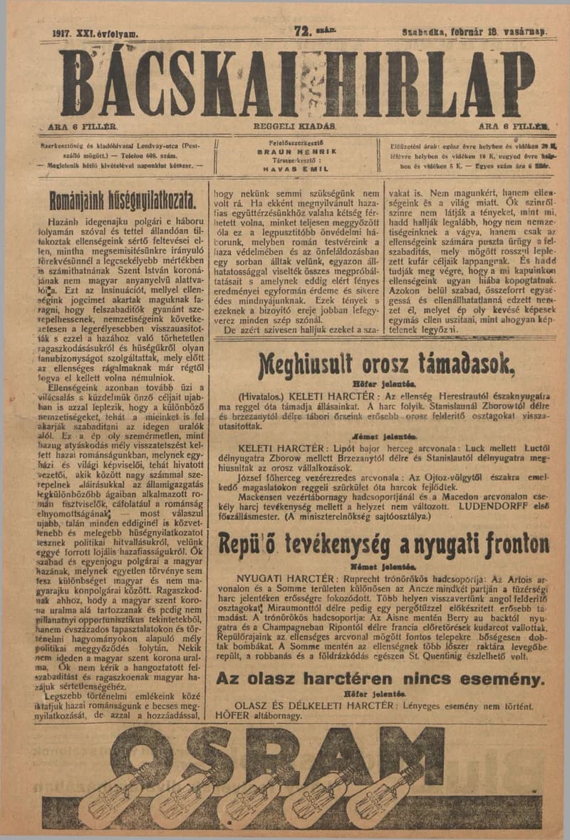 Bácskai Hirlap, 21. évf. 1917. február 18. 72. sz.
