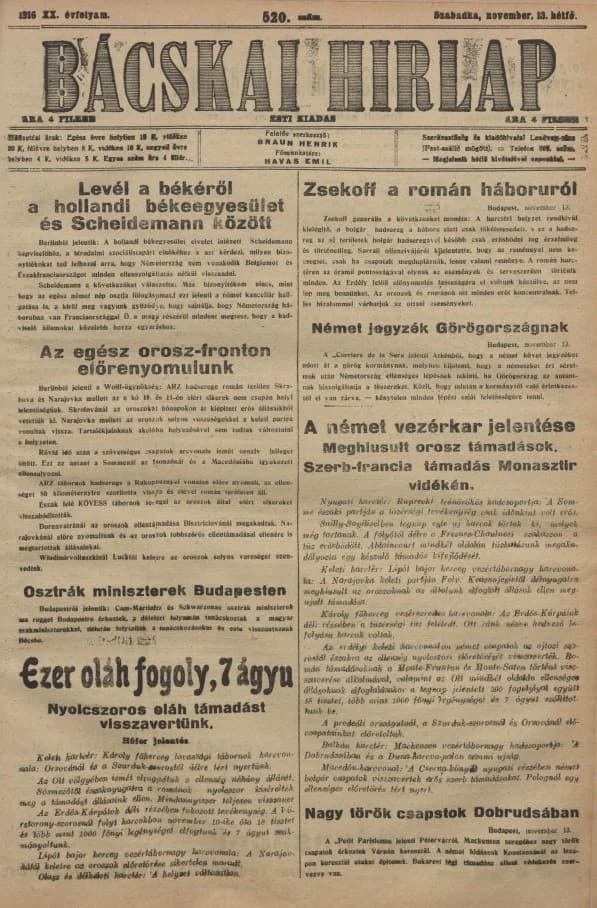 Bácskai Hirlap, 20. évf. 1916. november 13. 520. sz.