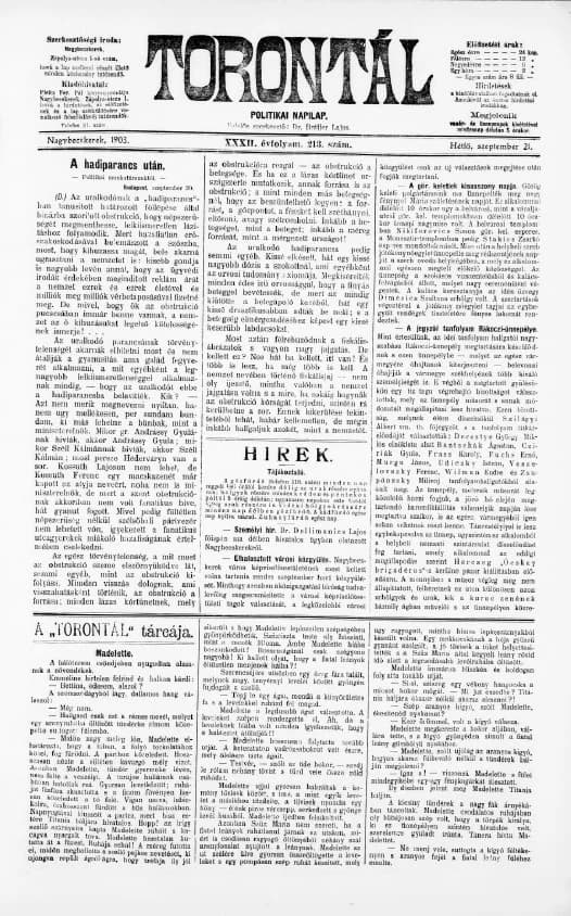 Torontál, 32. évf. 1903. szeptember 21. 213. sz.