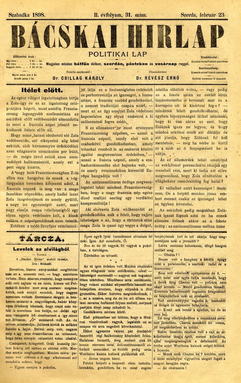 Bácskai Hirlap, 2. évf. 1898. február 23. 31. sz. 1–4. oldal