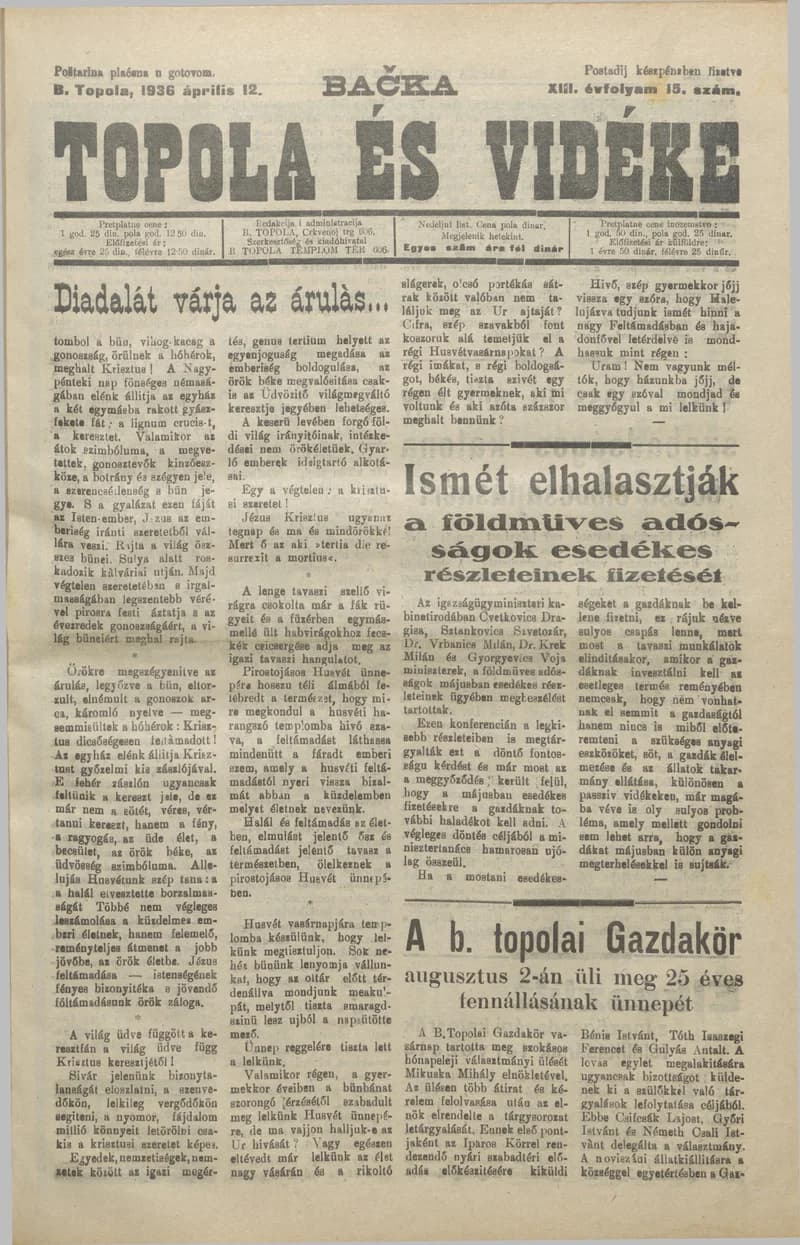Bačka Topola és Vidéke, 13. évf. 1936. április 12. 15. sz.