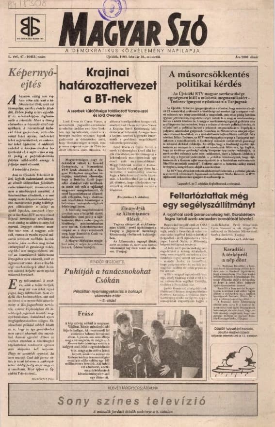 Magyar Szó, 50. évf. 1993. február 18. 47. sz. 1–16. oldal