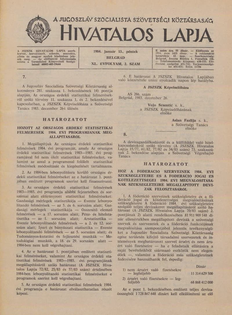 A Jugoszláv Szocialista Szövetségi Köztársaság Hivatalos Lapja, 40. évf. 1984. január 13. 2. sz. 29–96. oldal