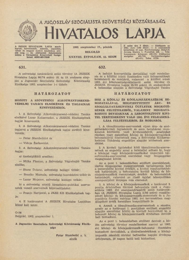 A Jugoszláv Szocialista Szövetségi Köztársaság Hivatalos Lapja, 38. évf. 1982. szeptember 17. 55. sz. 1373–1380. oldal