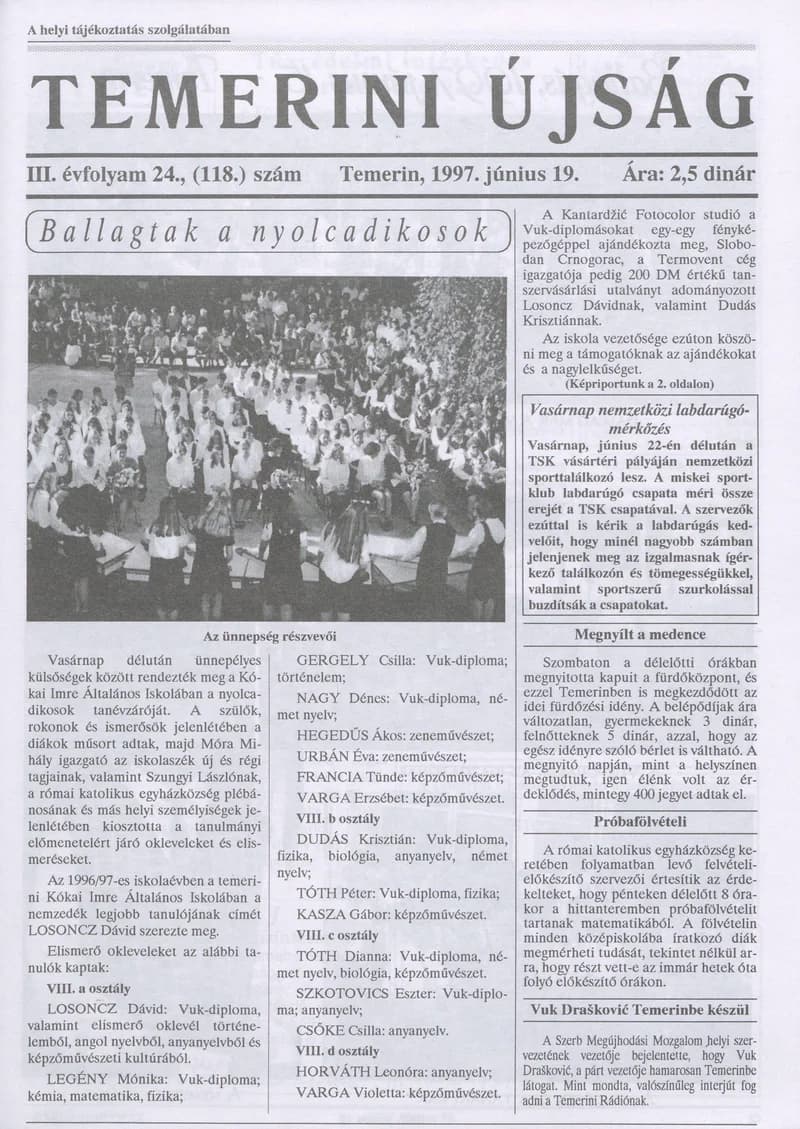 Temerini Újság, 3. évf. 1997. június 19. 24. sz.