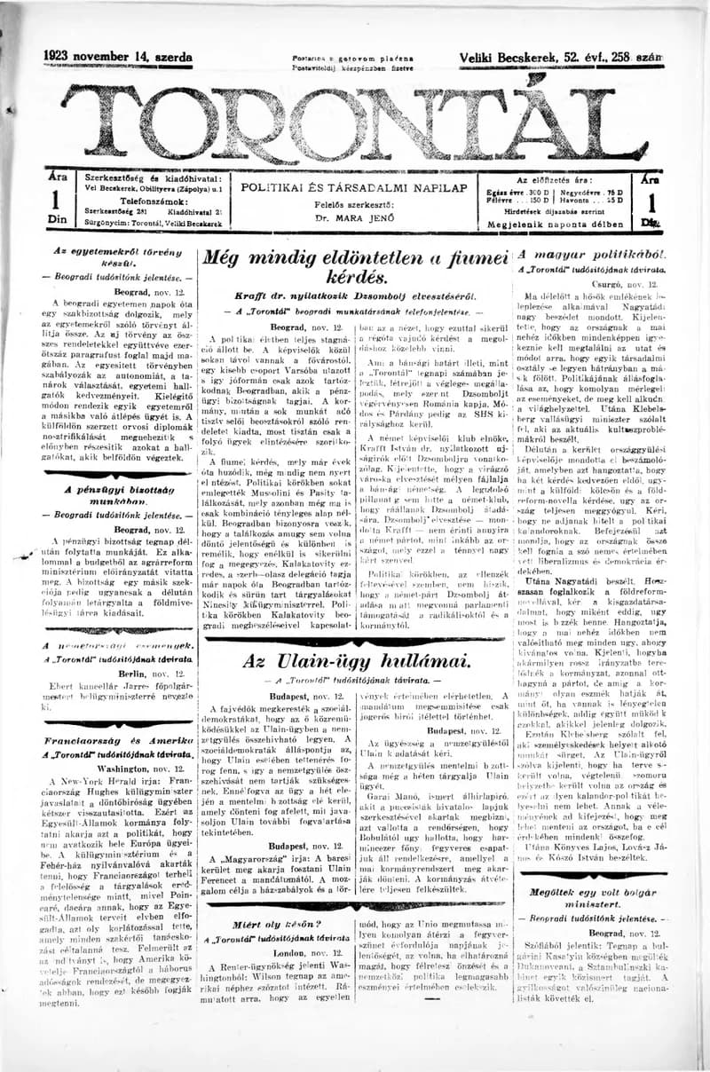 Torontál, 52. évf. 1923. november 14. 258. sz.