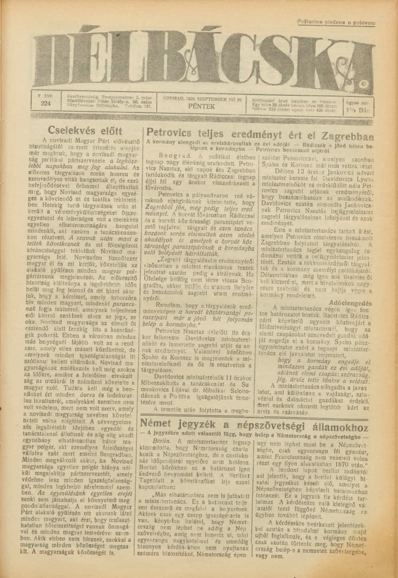 Délbácska, 5. évf. 1924. szeptember 26. 224. sz.