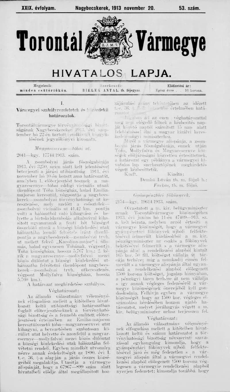 Torontál Vármegye Hivatalos Lapja, 29. évf. 1913. november 20. 53. sz.