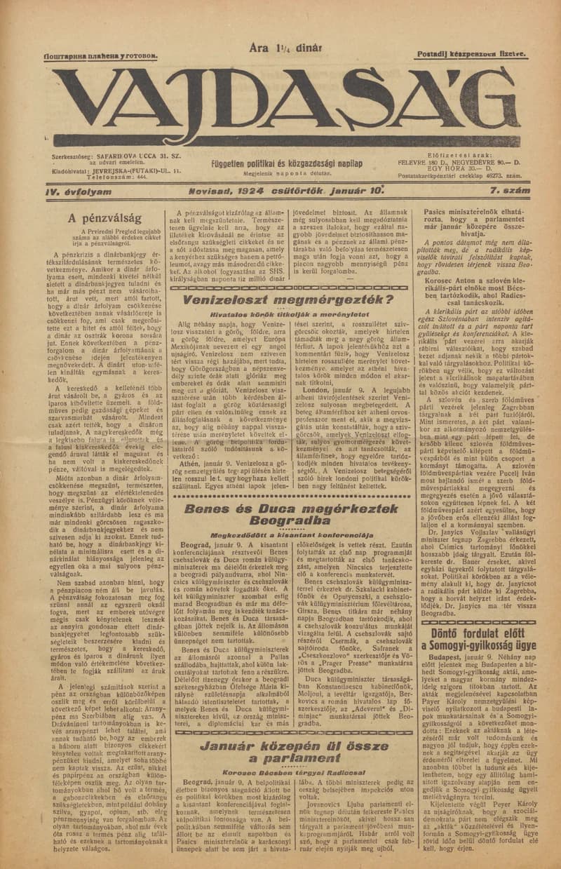 Vajdaság, 4. évf. 1924. január 10. 7. sz.