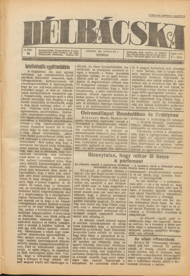Délbácska, 5. évf. 1924. április 9. 85. sz.
