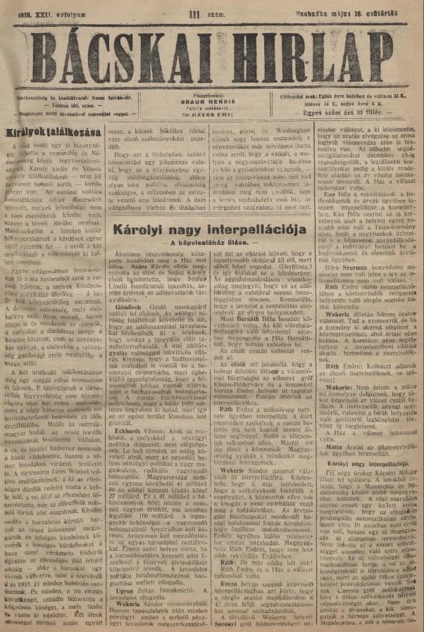 Bácskai Hirlap, 22. évf. 1918. május 16. 111. sz.