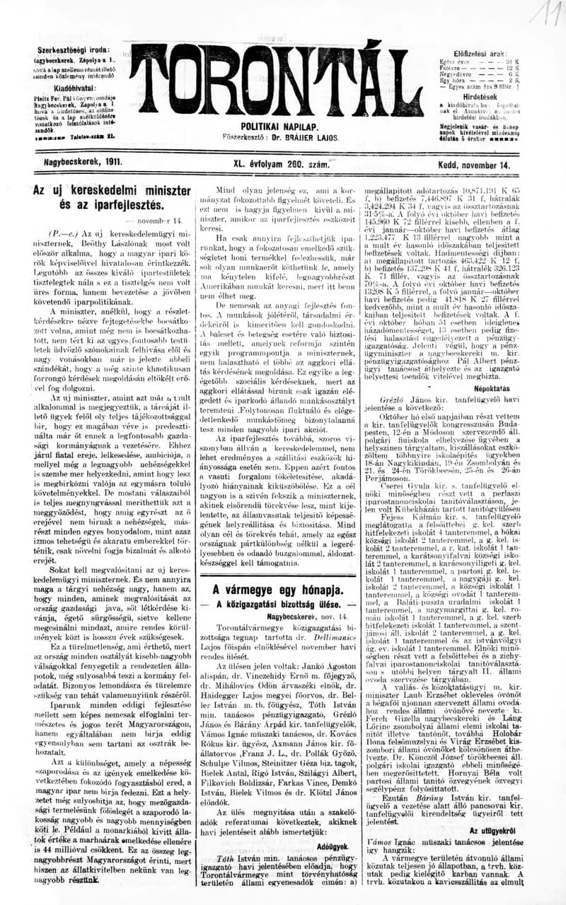 Torontál, 40. évf. 1911. november 14. 260. sz.