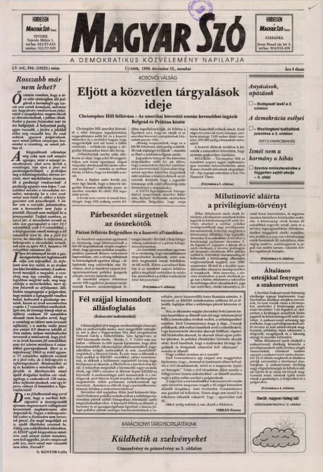 Magyar Szó, 55. évf. 1998. december 12. 294. sz.