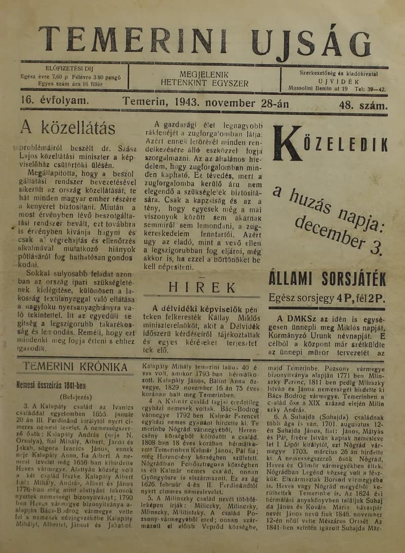 Temerini Újság 1928-1944, 16. évf. 1943. november 28. 48. sz.