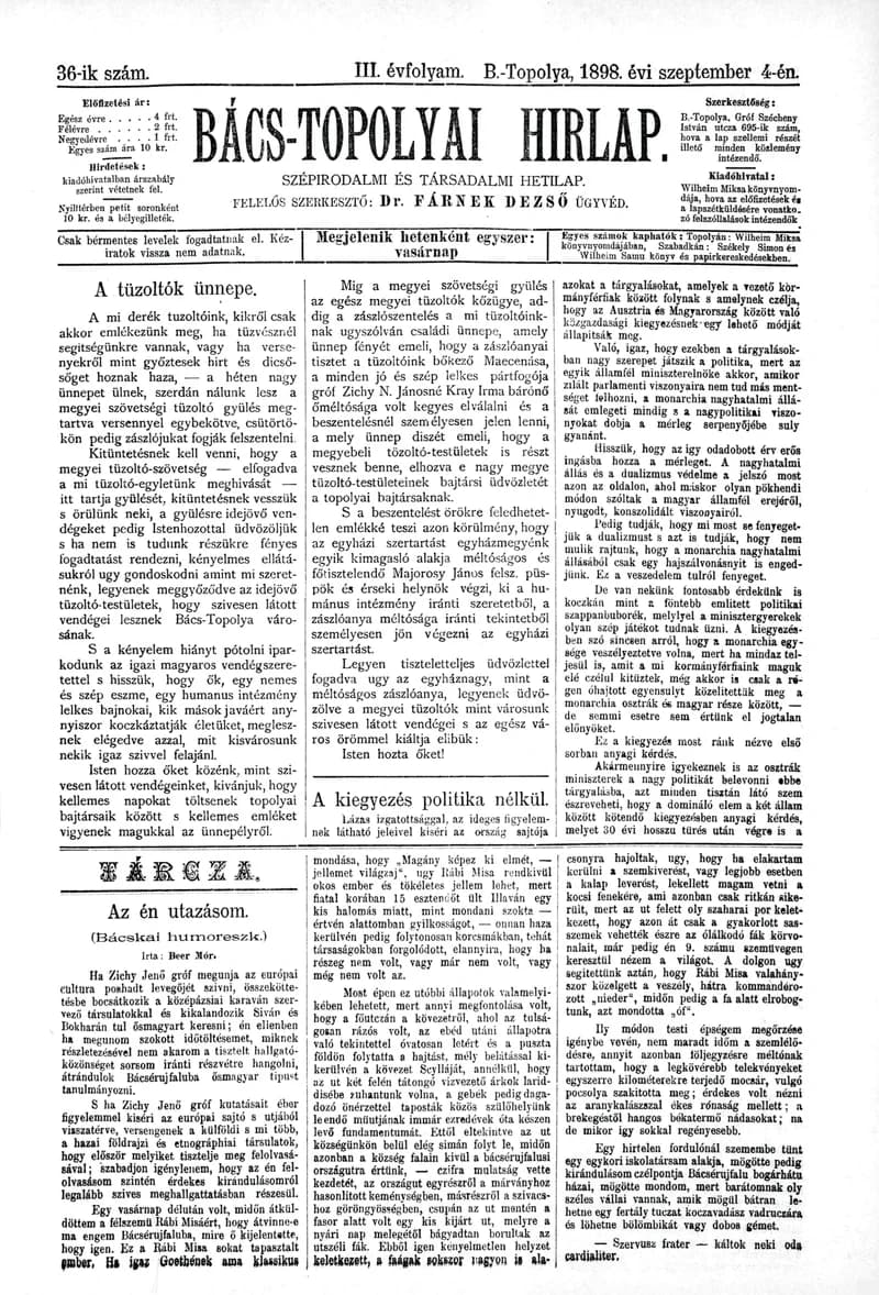 Bács-Topolyai Hirlap, 3. évf. 1898. szeptember 4. 36. sz.