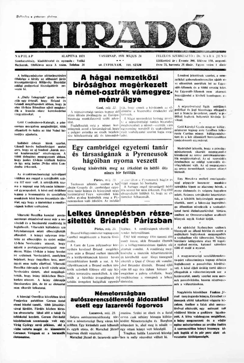 Híradó, 60. évf. 1931. május 24. 118. sz.