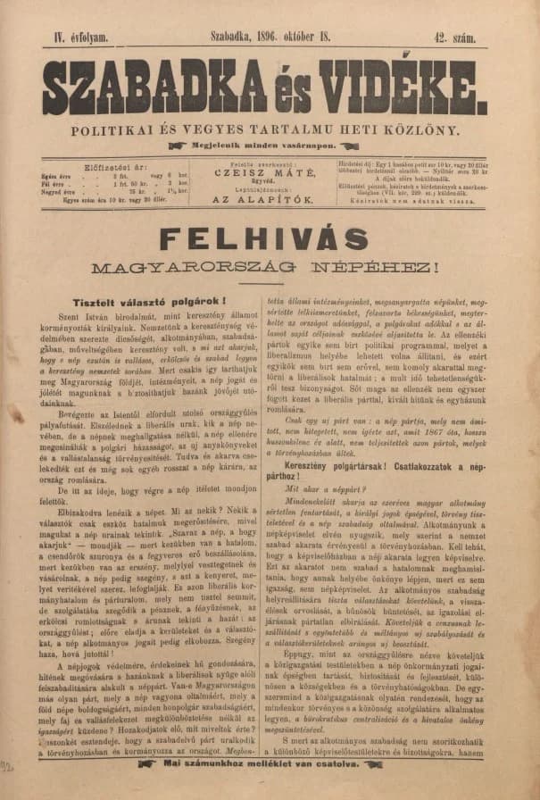 Szabadka és vidéke II, 4. évf. 1896. október 18. 42. sz.