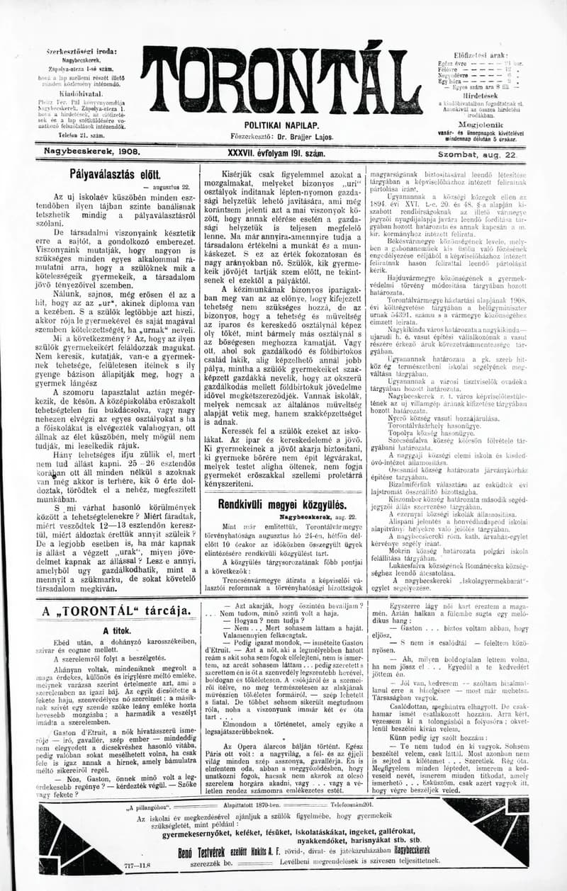 Torontál, 37. évf. 1908. augusztus 22. 191. sz.